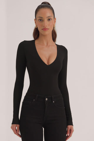 Modal Plunge Long-Sleeve Bodysuit in Black
