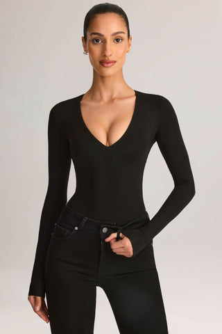 Modal Plunge Long-Sleeve Bodysuit in Black