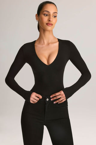 Modal Plunge Long-Sleeve Bodysuit in Black