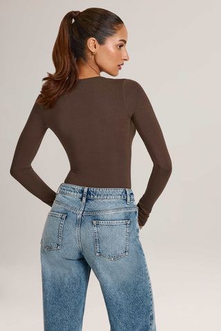 Modal Plunge Long-Sleeve Bodysuit in Chocolate Brown