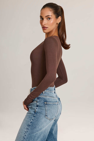 Modal Plunge Long-Sleeve Bodysuit in Chocolate Brown