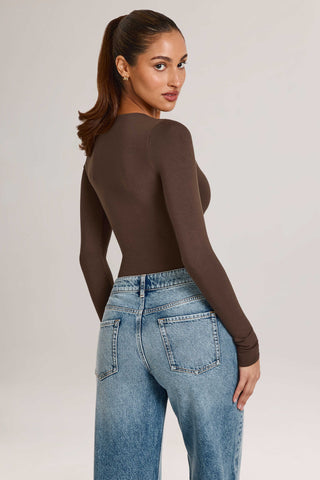 Modal Plunge Long-Sleeve Bodysuit in Chocolate Brown