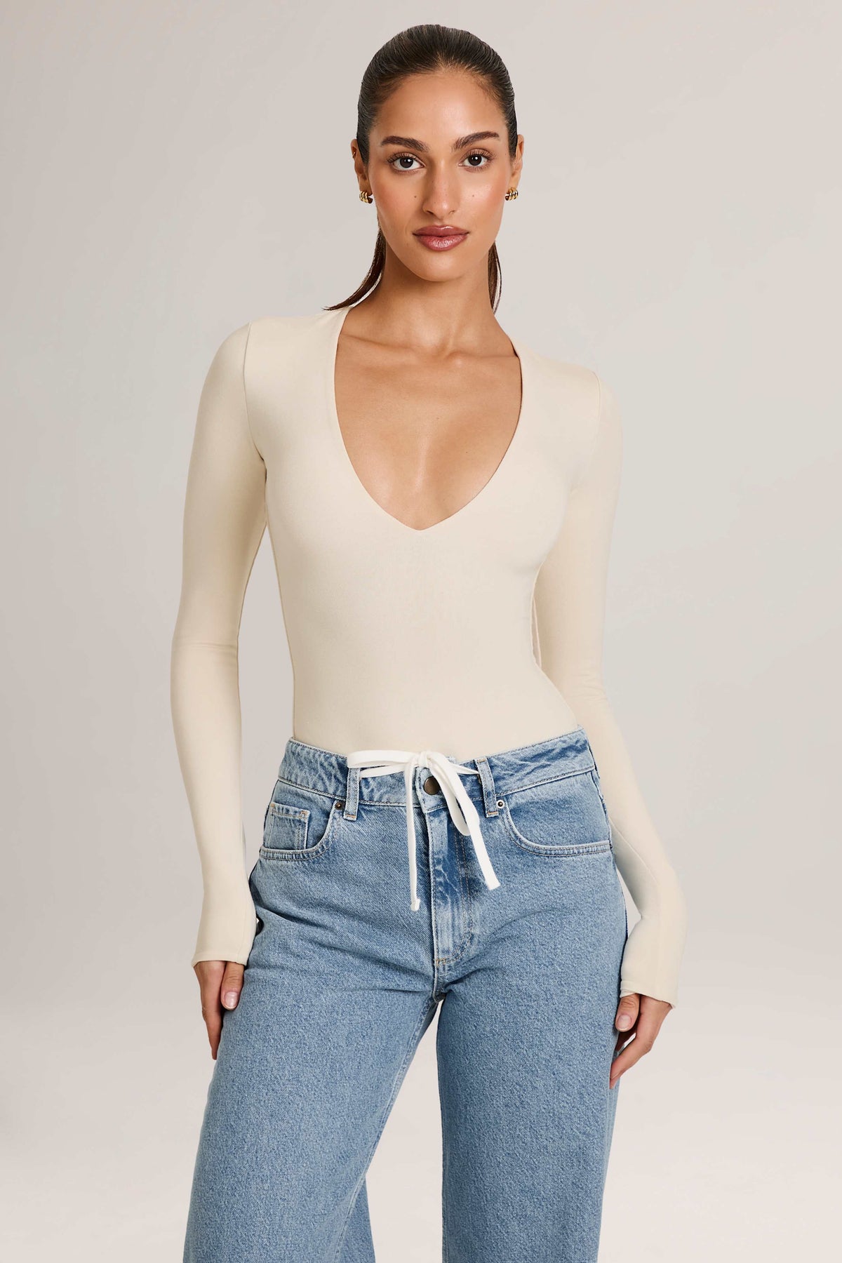 Modal Plunge Long-Sleeve Bodysuit  in Ivory