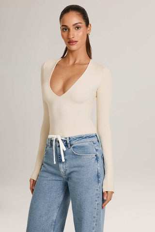 Modal Plunge Long-Sleeve Bodysuit  in Ivory
