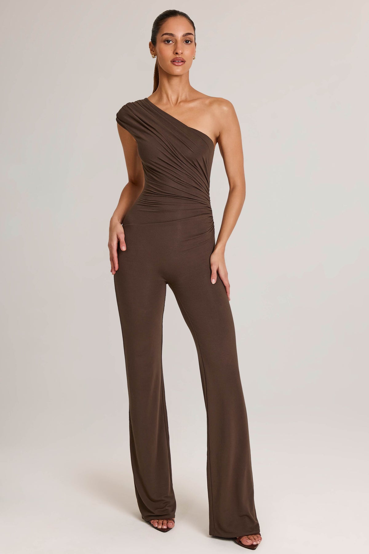 Modal One-Shoulder Jumpsuit in Chocolate Brown