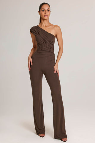 Modal One-Shoulder Jumpsuit in Chocolate Brown
