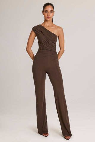 Modal One-Shoulder Jumpsuit in Chocolate Brown