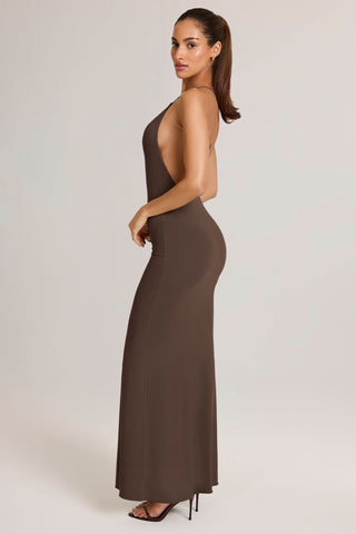 Modal Plunge Backless Maxi Dress in Chocolate Brown