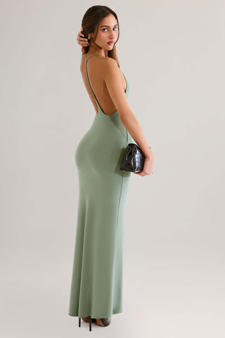Modal Plunge Backless Maxi Dress in Sage Green