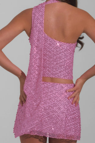 Embellished Scarf-Detail Asymmetric Top in Pink