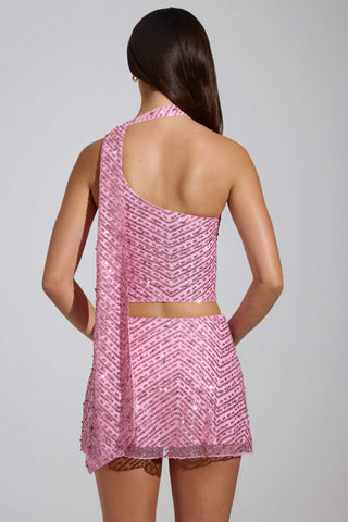 Embellished Scarf-Detail Asymmetric Top in Pink