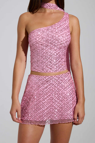 Embellished Scarf-Detail Asymmetric Top in Pink