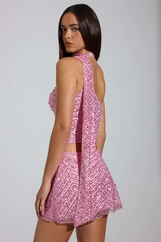 Embellished Scarf-Detail Asymmetric Top in Pink