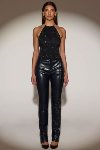 Croc-Effect Straight-Leg Trousers in Black