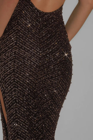 Embellished Scoop-Neck Maxi Dress in Brown