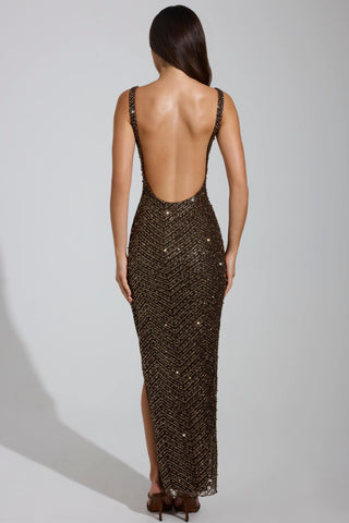 Embellished Scoop-Neck Maxi Dress in Brown