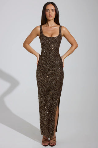 Embellished Scoop-Neck Maxi Dress in Brown