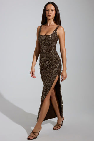 Embellished Scoop-Neck Maxi Dress in Brown