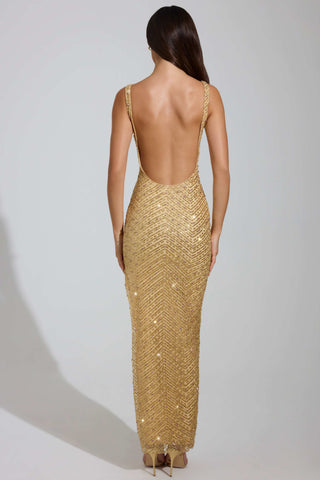 Embellished Scoop-Neck Maxi Dress in Gold