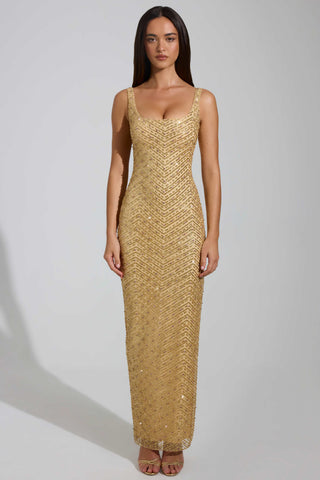 Embellished Scoop-Neck Maxi Dress in Gold