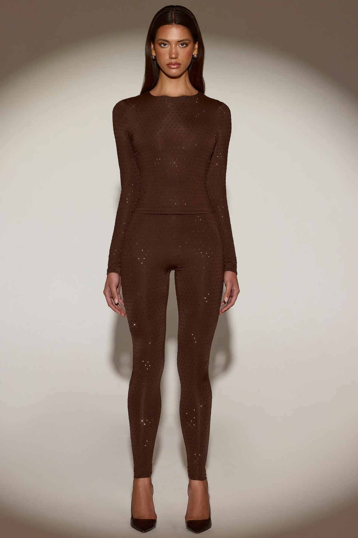 Embellished High-Waisted Leggings in Chocolate Brown