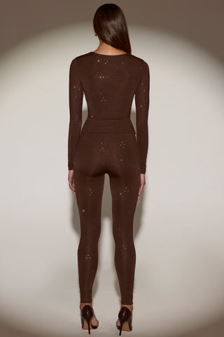 Embellished High-Waisted Leggings in Chocolate Brown