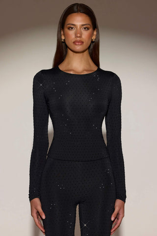 Embellished Long-Sleeve Top in Black