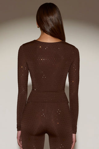 Embellished Long-Sleeve Top in Chocolate Brown