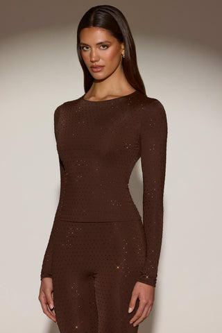 Embellished Long-Sleeve Top in Chocolate Brown