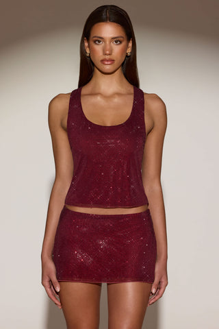 Embellished A-Line Mini Skirt in Burgundy