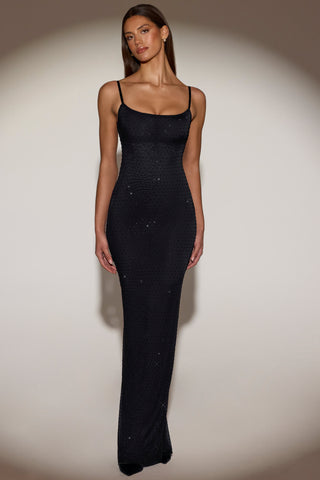 Embellished Backless Maxi Dress in Black