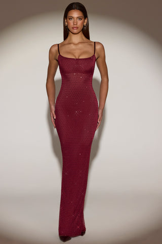 Embellished Backless Maxi Dress in Burgundy