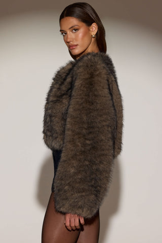 Cropped Faux-Fur Jacket in Chocolate Brown