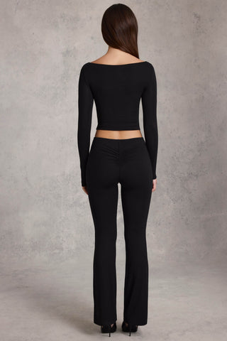 Modal Ruched Flared Trousers in Black