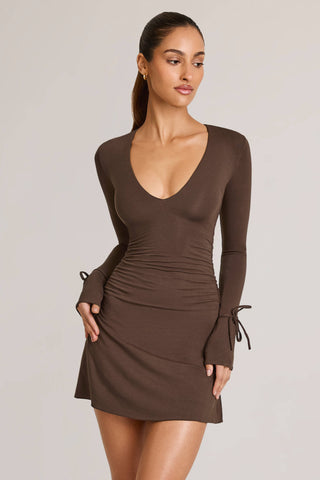 Modal Long-Sleeve Mini Dress in Chocolate Brown