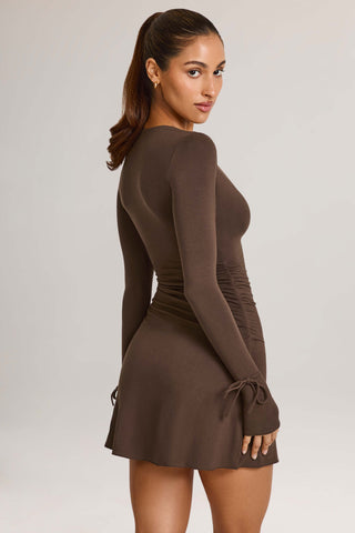 Modal Long-Sleeve Mini Dress in Chocolate Brown