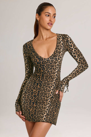 Modal Long-Sleeve Mini Dress in Leopard Print