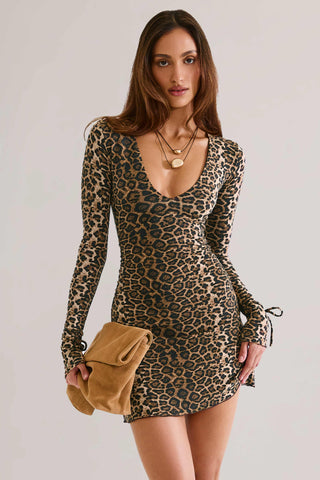 Modal Long-Sleeve Mini Dress in Leopard Print