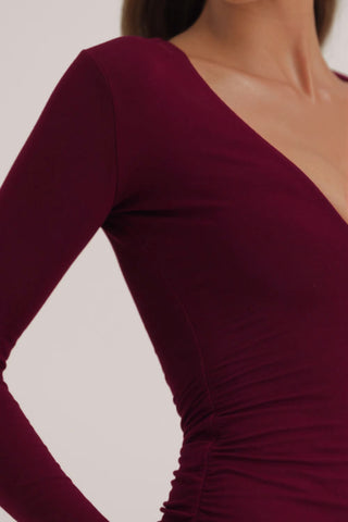 Modal Long-Sleeve Mini Dress in Wine