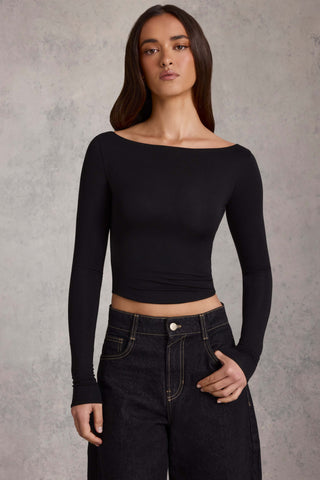 Modal Boat-Neck Long-Sleeve Top in Black