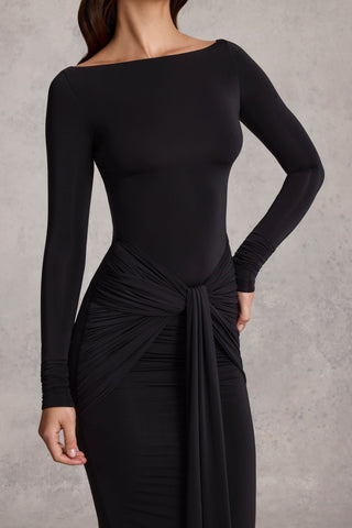 Draped Ruched Maxi Dress in Black