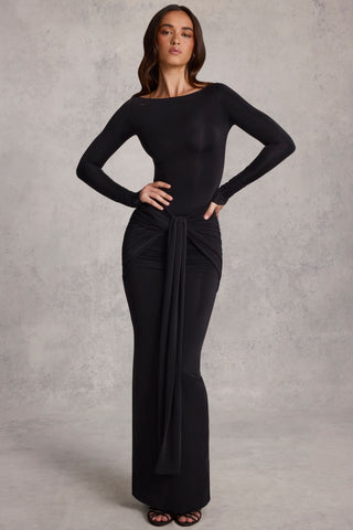 Draped Ruched Maxi Dress in Black