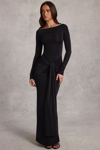 Draped Ruched Maxi Dress in Black