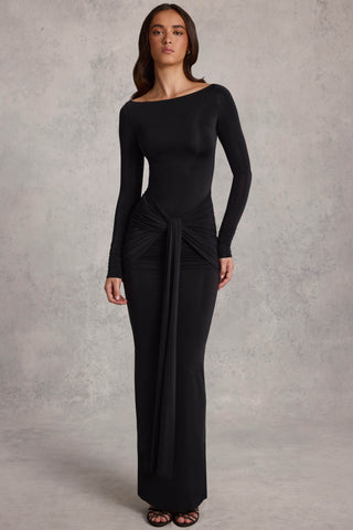 Draped Ruched Maxi Dress in Black