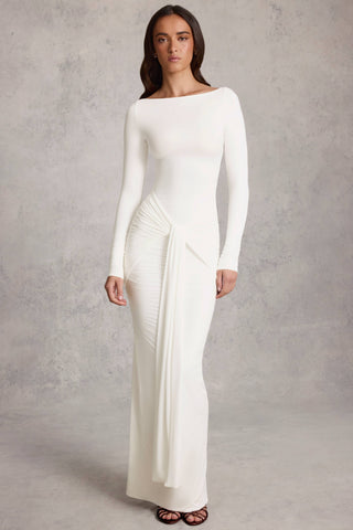 Draped Ruched Maxi Dress in White