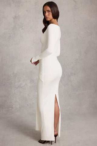 Draped Ruched Maxi Dress in White