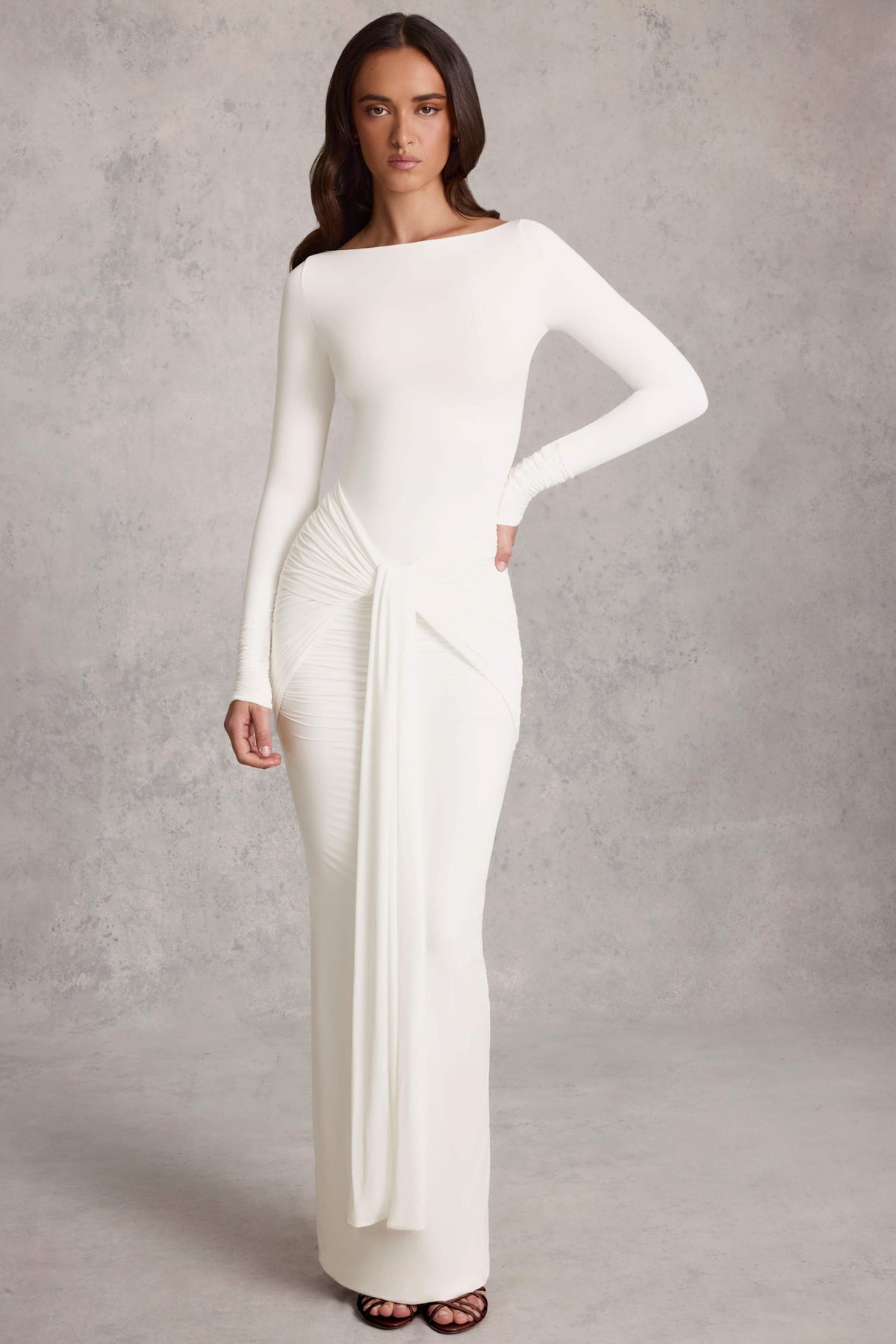 Draped Ruched Maxi Dress in White