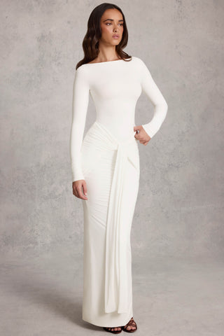 Draped Ruched Maxi Dress in White
