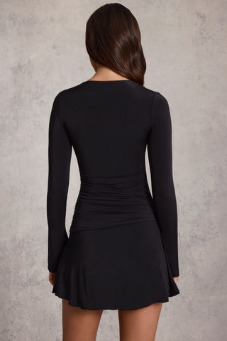 Ruched Long-Sleeve A-Line Mini Dress in Black
