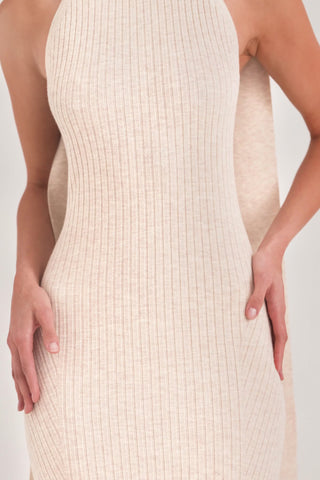 Knit Scarf-Detail Halterneck Maxi Dress in Cream